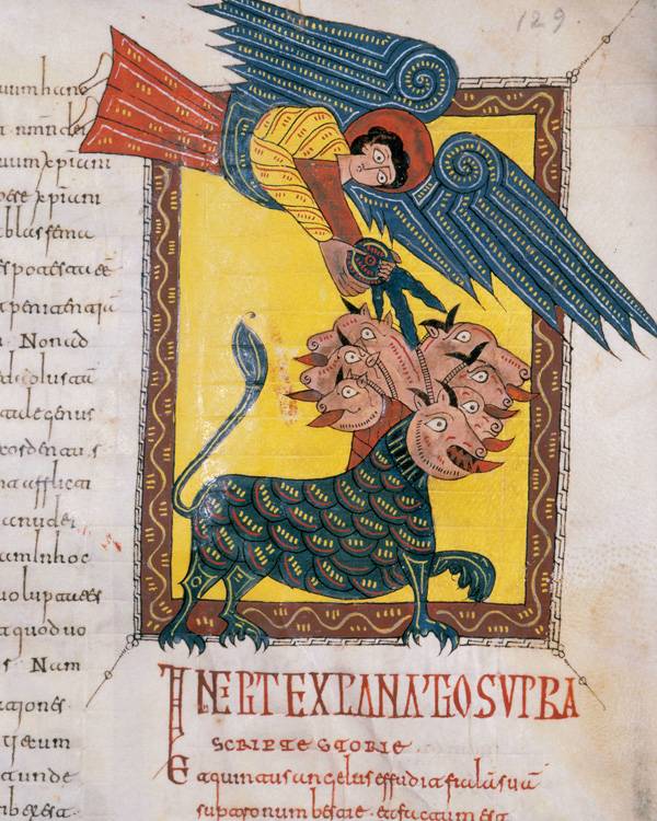 L'arcangelo Michele incatena il drago a sette teste (1109), miniatura al Commentario sull'Apocalisse di Beato di Liébana conservato presso la biblioteca del monastero di San Lorenzo all'Escorial